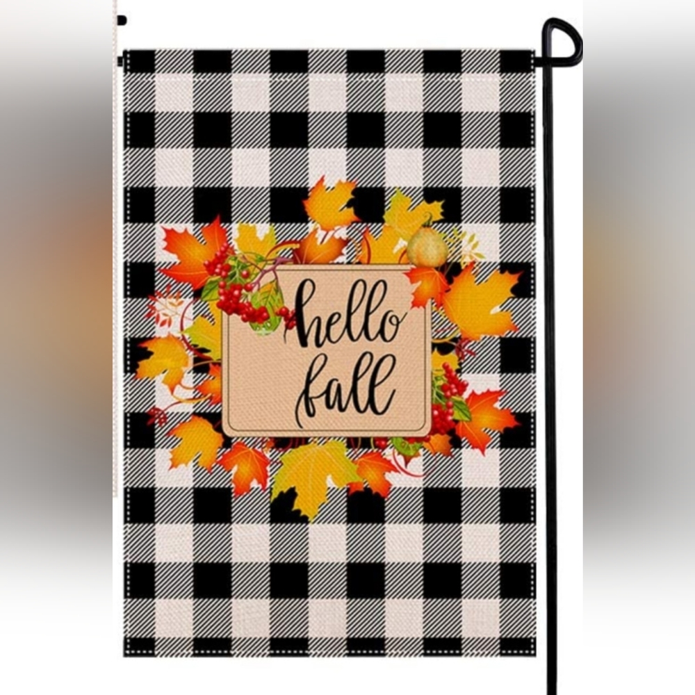 NWT DUDOE Welcome Hello Fall Plaid Black White Leaves Fall Garden Flag 12.5 x 18